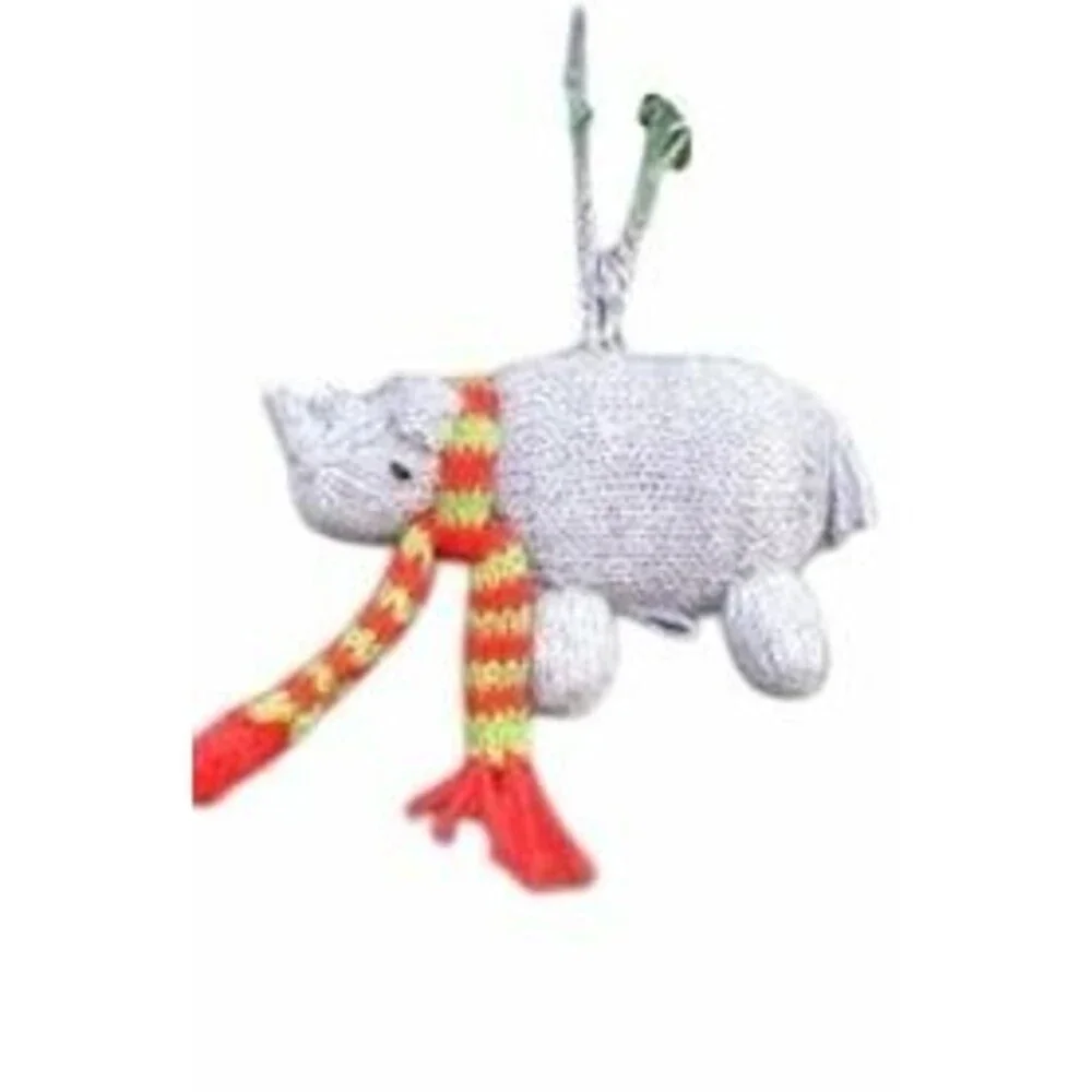 New Mélange Collection hand-knitted rhino ornament, featuring a cozy scarf